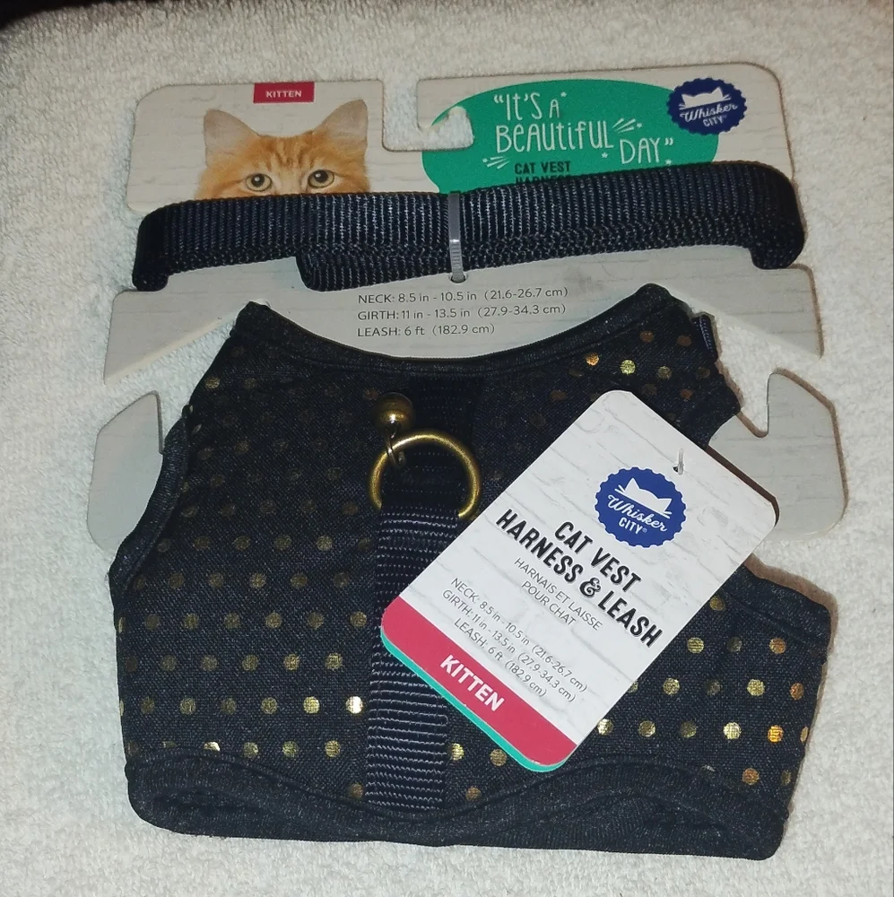 Whisker City Cat Vest Harness Leash Kitten Size NEW Black With Gold Polka Dot